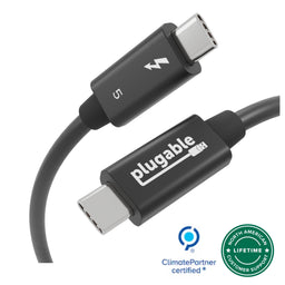 Plugable Thunderbolt 5 USB-C cable with 5 and lightning bolt icon, ClimatePartner certified, lifetime support.