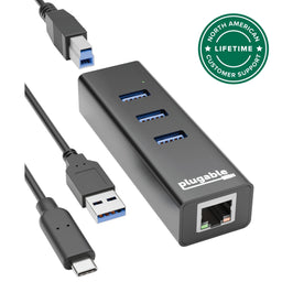 Plugable USB 3.0 3-port hub with Gigabit Ethernet port, including USB-A and USB-C cables and lifetime support badge.