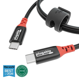 Plugable USB-C to USB-C cable with cable tie, featuring Macworld Best of 2026 award and North American lifetime support.