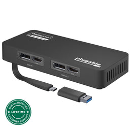Plugable USBC-6950U dual monitor adapter with DisplayLink 4K, featuring two DisplayPort and two HDMI ports.