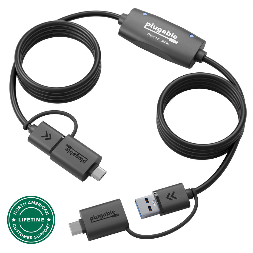 Plugable USBC-TRAN transfer cable with USB-C and USB-A connectors and North American lifetime customer support.
