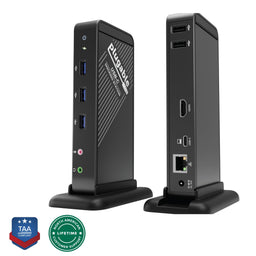 Plugable UD-CA1A USB-C docking station with front USB, audio ports and rear HDMI, USB-C, Ethernet, and 20V DC power.