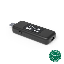 Plugable USBC-VAMETER3 USB-C power meter showing 4.76V, 1.28A, and 6.09W on digital display.
