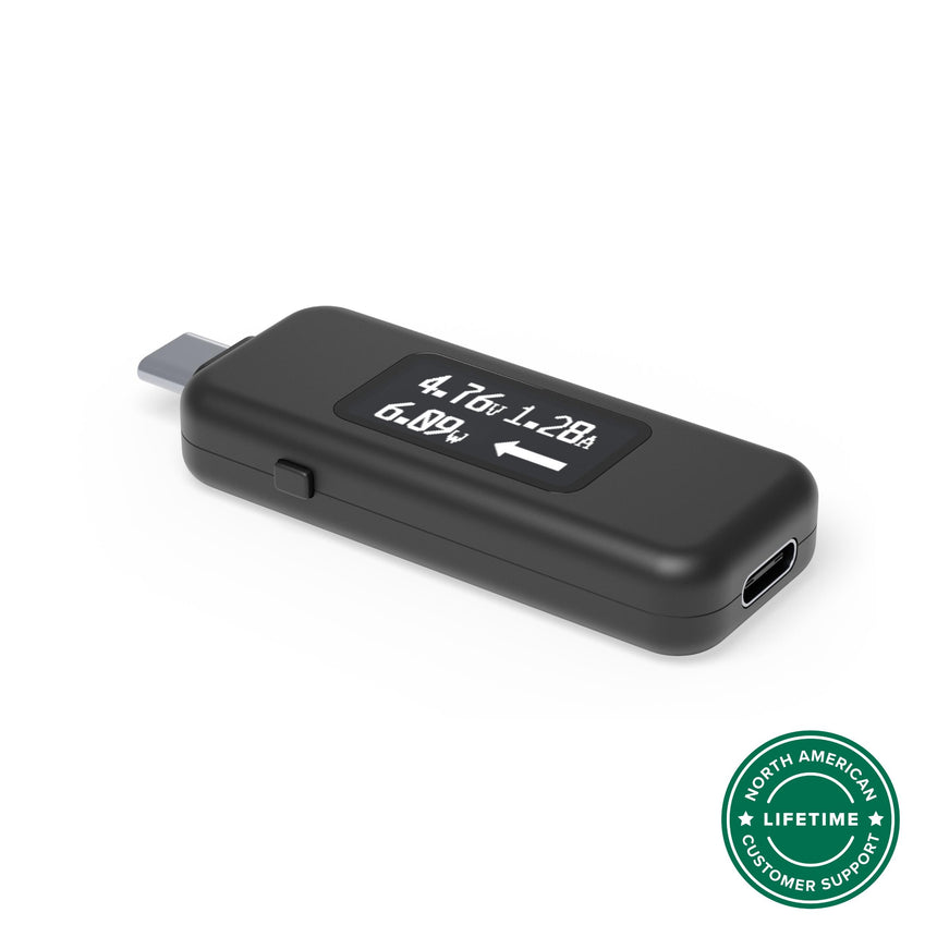 Plugable USBC-VAMETER3 USB-C power meter showing 4.76V, 1.28A, and 6.09W on digital display.