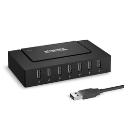 Plugable USB2-HUB7BC 7-port USB hub with power charging icons under each port and a USB-A host cable.