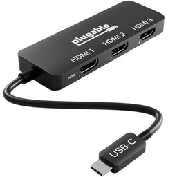 Plugable USBC-MSTH3 adapter with integrated USB-C cable and three HDMI ports labeled HDMI 1, HDMI 2, and HDMI 3.