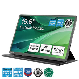 Plugable 15.6-inch portable monitor with 3 USB-C ports, 10Gbps data, and 100W pass-through charging.