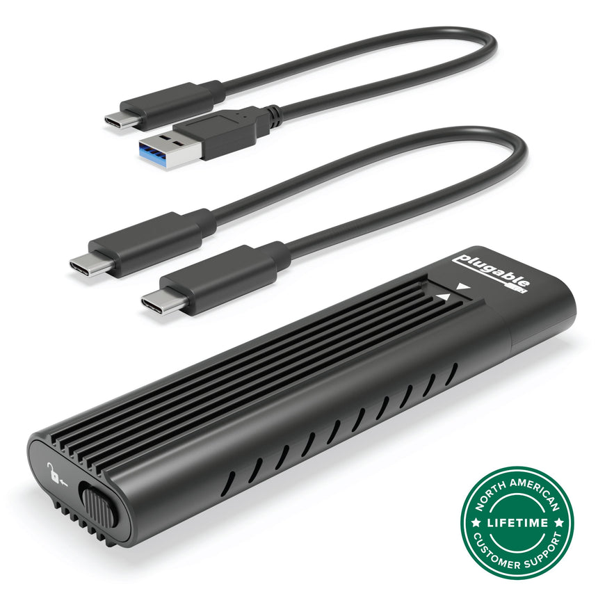 Plugable USBC-NVME M.2 NVMe SSD enclosure with USB-C to USB-C and USB-C to USB-A cables and lifetime customer support.