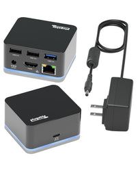 Plugable UD-CUBE-15W dock with two USB 2.0, one USB 3.0, DC5V, HDMI, Ethernet, and USB-C host port, plus power adapter.