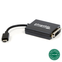 Plugable USB-C to DVI adapter with integrated cable and North American lifetime customer support badge.