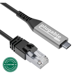 Plugable USB-C to RJ45 Ethernet cable with North American lifetime customer support badge.