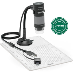 Plugable USB2-MICRO-250X digital microscope with flexible arm stand, focus and light controls, and USB-A/USB-C cable.
