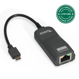 Plugable USB 2.0 Fast Ethernet adapter with Micro-B connector, featuring ACT and LINK status indicator lights.
