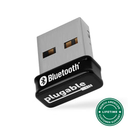 Plugable USB-BT5 Bluetooth adapter with North American lifetime customer support badge.