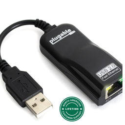 Plugable USB 2.0 Fast Ethernet adapter with integrated USB-A cable, featuring ACT and LINK status indicator lights.