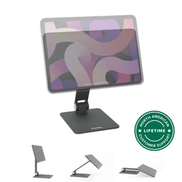 Plugable AMS-STAND11 magnetic tablet stand with North American lifetime customer support badge.