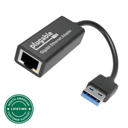 Plugable Gigabit Ethernet Adapter with USB-A connector and North American lifetime customer support badge.