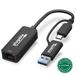 Plugable 2.5G Ethernet adapter with integrated USB-C and USB-A connectors and North American lifetime support badge.