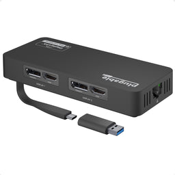 Plugable USBC-6950UE dual monitor adapter with DisplayLink, two DisplayPort and two HDMI ports, and Ethernet port.