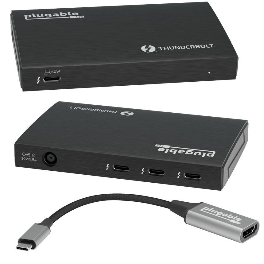 Plugable TBT4-HUB3C with 60W host port, three Thunderbolt 4 ports, 20V/5.5A power input, and USB-C to HDMI adapter.