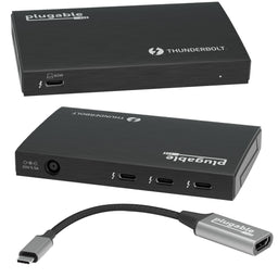 Plugable TBT4-HUB3C with 60W host port, three Thunderbolt 4 ports, 20V/5.5A power input, and USB-C to HDMI adapter.