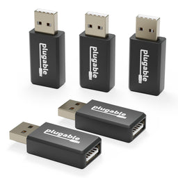 Plugable USB-MC1-5X 5-pack of USB-A male to USB-A female data blocker adapters for charge-only connectivity.