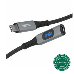 Plugable USB-C extension cable with integrated digital power meter displaying 240W PD, featuring lifetime support.