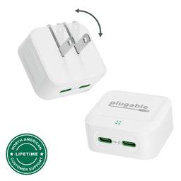 Plugable PS-40C2W dual USB-C wall charger with foldable prongs and two PD ports.