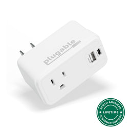 Plugable PS1-CA1 outlet extender with one AC outlet, one 30W USB-C PD port, and one 12W USB-A port.
