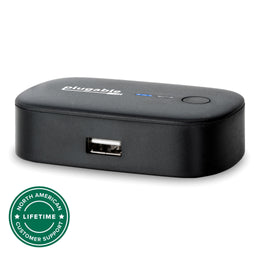 Plugable USB2-SWITCH2 sharing switch with one front USB-A port, status LEDs, and a push-button toggle.