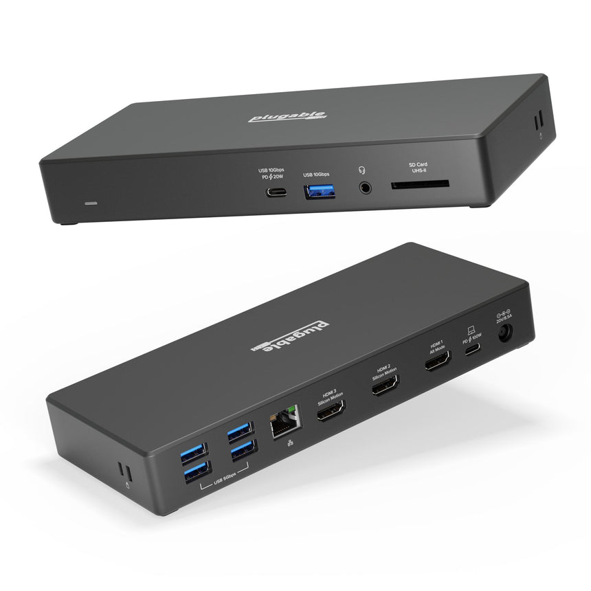 Plugable UD-768PDZ docking station with front USB-C 20W, USB 10Gbps, audio, SD UHS-II and rear 4x USB 5Gbps, Ethernet, 3x HDM