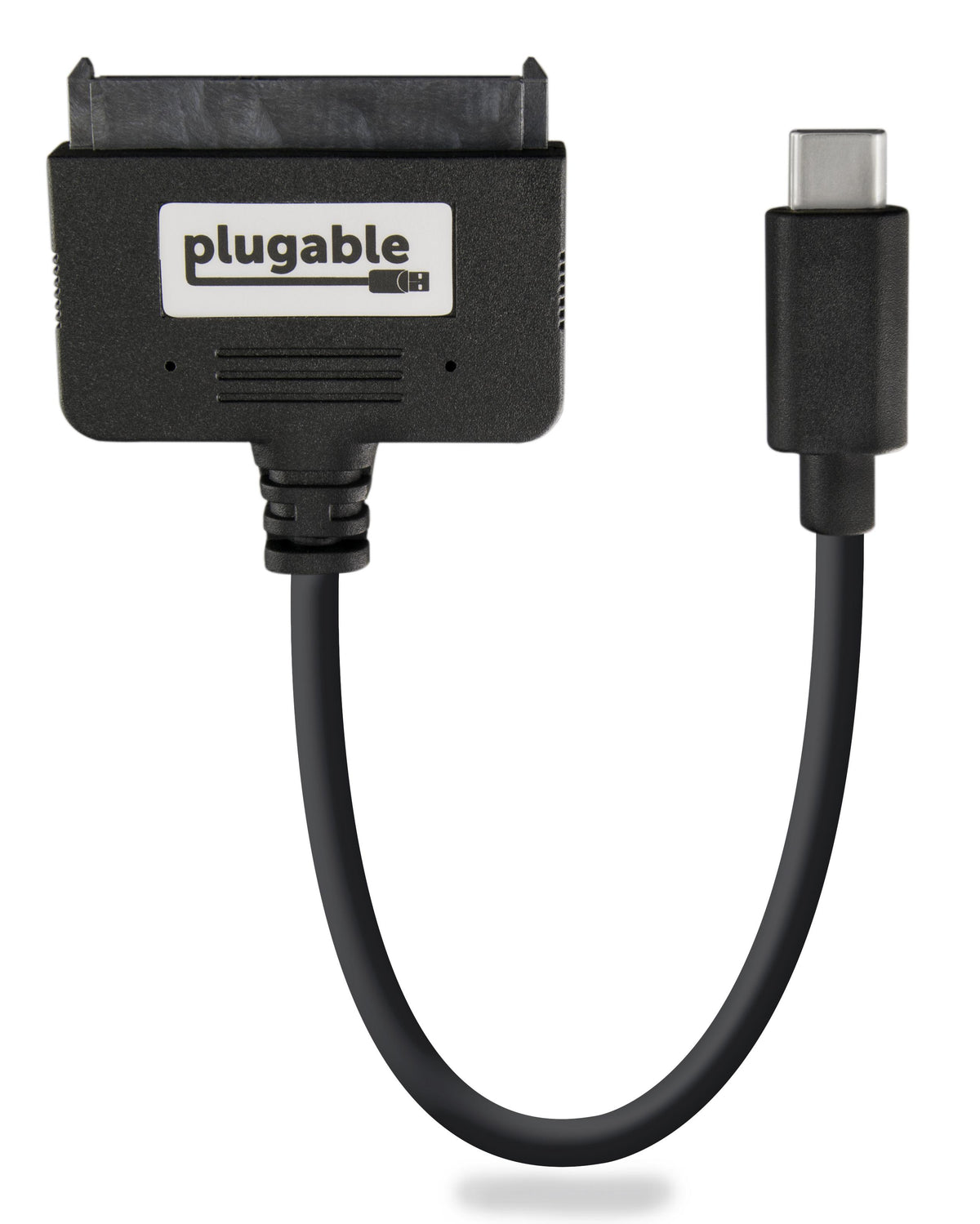 Plugable USB-C to SATA adapter cable with a SATA connector on one end and a USB-C connector on the other.
