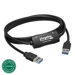 Plugable USB 3.0 Transfer Cable with two USB-A connectors and central hub with status LEDs.