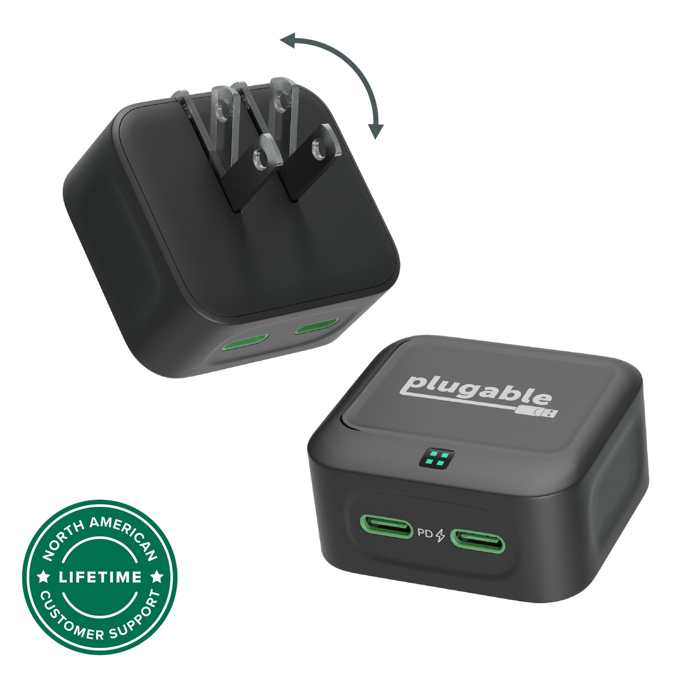 Plugable PS-40C2B dual USB-C wall charger with foldable prongs and two PD-enabled ports.