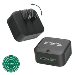Plugable PS-40C2B dual USB-C wall charger with foldable prongs and two PD-enabled ports.