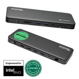 Plugable TBT4-UD5 Thunderbolt 4 dock with front audio, SD/microSD, USB 5Gbps, and rear 20V/6.75A, HDMI, USB 10Gbps, Ethernet.