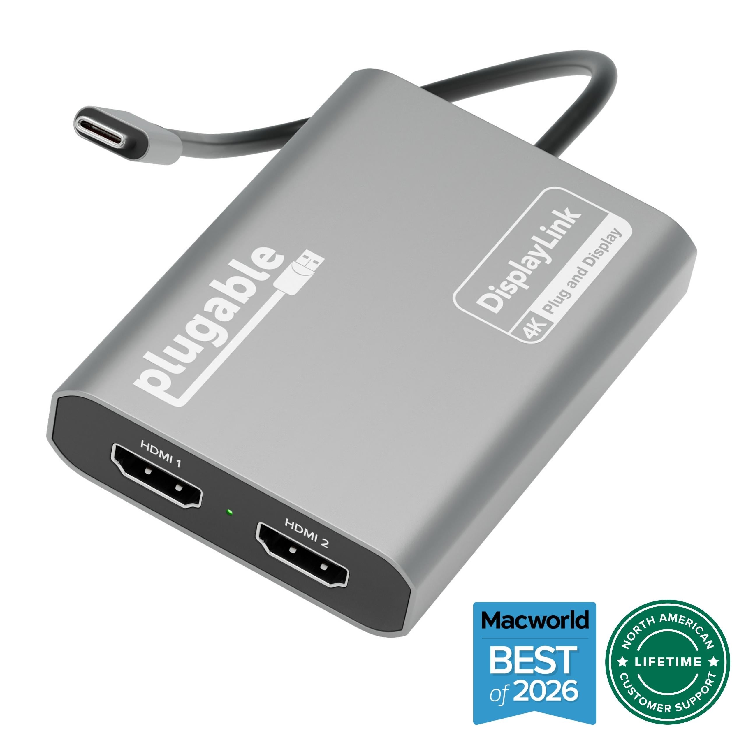 Plugable USB C to HDMI Adapter, Dual Monitor 4K 60Hz for Apple Mac