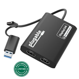 Plugable USBC-6950U dual HDMI adapter with USB-C and USB-A host connection and DisplayLink 4K Plug and Display.