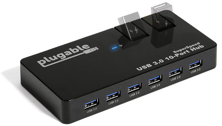 Plugable SuperSpeed USB 3.0 10-Port Hub with two flip-up charging ports.