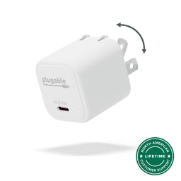 Plugable PS-30C1W 30W USB-C GaN power adapter with foldable prongs and single USB-C Power Delivery port.