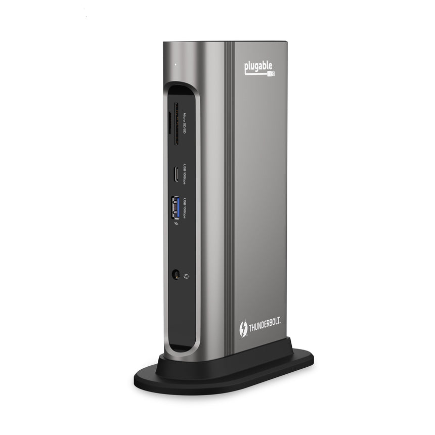 Plugable TBT3-UDZ Thunderbolt dock with front Micro SD/SD, USB 10Gbps, USB 10Gbps, and audio jack ports.
