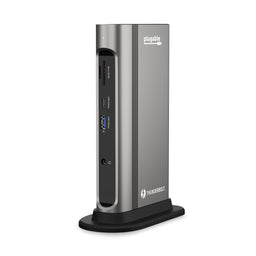 Plugable TBT3-UDZ Thunderbolt dock with front Micro SD/SD, USB 10Gbps, USB 10Gbps, and audio jack ports.
