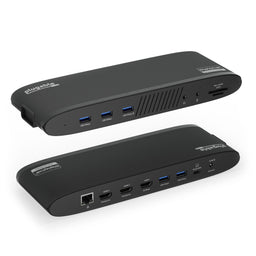 Plugable UD-3900PDH docking station front ports: 3x USB 5Gbps, audio, SD/microSD. Rear: Ethernet, 3x HDMI, 2x USB, 100W PD.