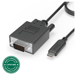 Plugable USBC-VGA-CABLE with USB-C connector and VGA male connector, featuring North American lifetime customer support.