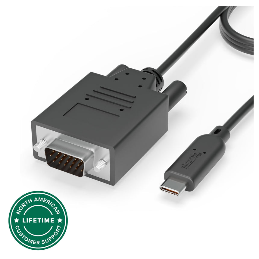 Plugable USBC-VGA-CABLE with USB-C connector and VGA male connector, featuring North American lifetime customer support.