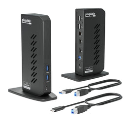 Plugable UD-3900Z docking station with front USB 3.0 and audio ports, rear USB 2.0, Ethernet, HDMI, and power ports.
