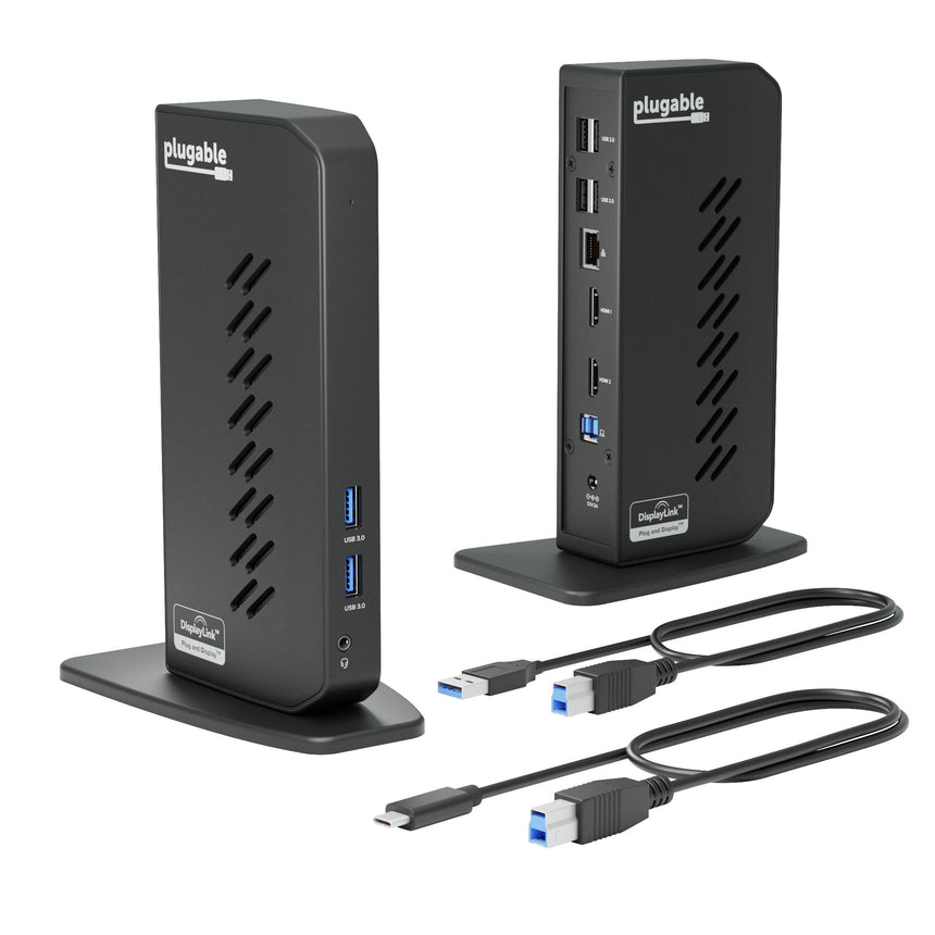 Plugable UD-3900Z docking station with front USB 3.0 and audio ports, rear USB 2.0, Ethernet, HDMI, and power ports.
