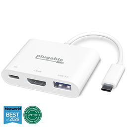 Plugable USBC-MD103 3-in-1 hub with USB-C, HDMI, and USB 3.0 ports, featuring Macworld Best of 2026 award badge.