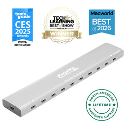 Plugable PS-10CC 10-port USB-C charging station with priority charging labels from Highest to Lowest power output.