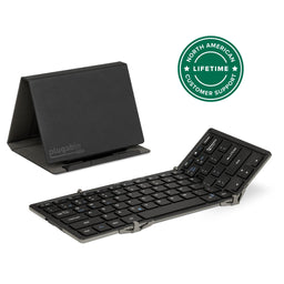 Plugable BT-KEY3XL foldable Bluetooth keyboard with included stand and North American lifetime customer support badge.